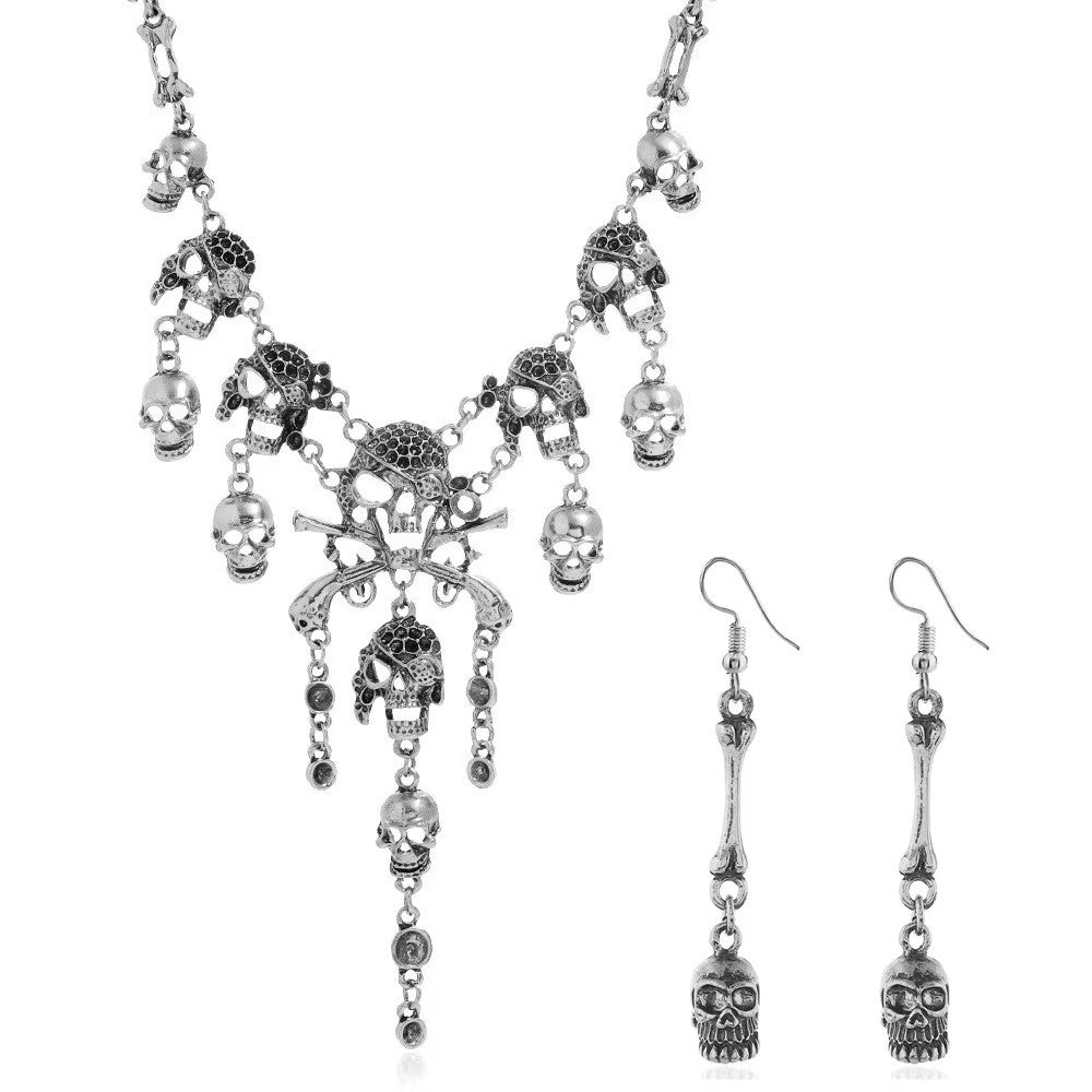 Wholesale  Skull Pirate Fringe Jewelry Set - Ancient Silver Alloy Earrings and Necklace,  Fashion Accessory for Boutique Resale