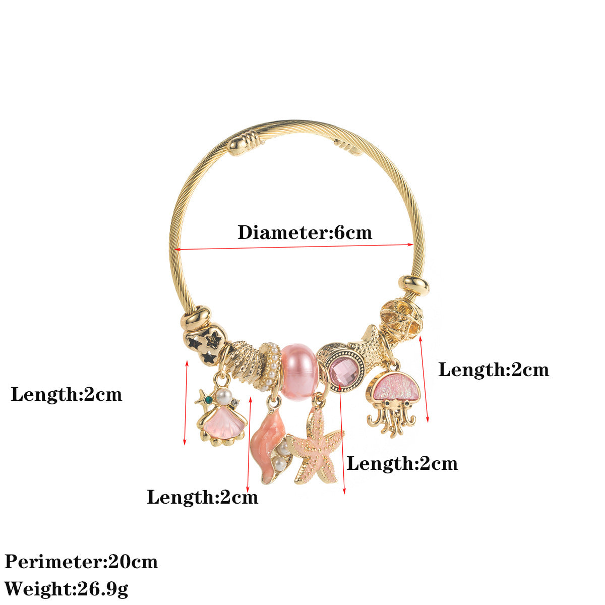 Wholesale Ocean Themed Alloy Charm Bracelet Pink Zircon Starfish Jellyfish Design Jewelry Gift For Women