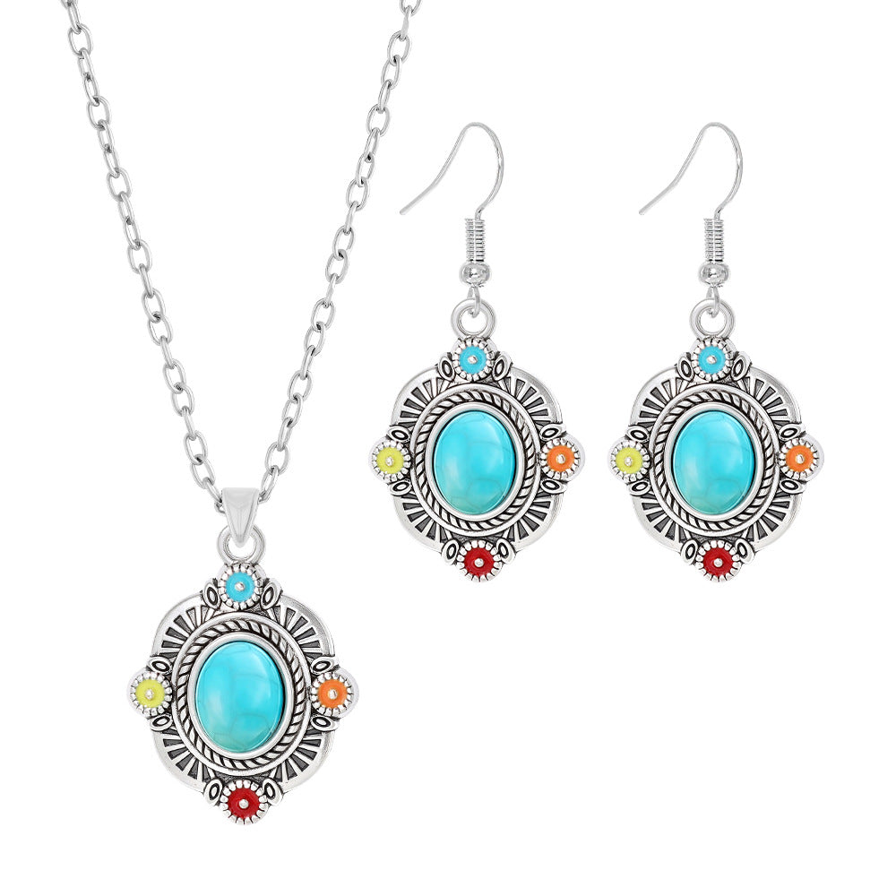Wholesale Vintage Ethnic Turquoise Necklace Earrings Set Zinc Alloy Jewelry Accessory