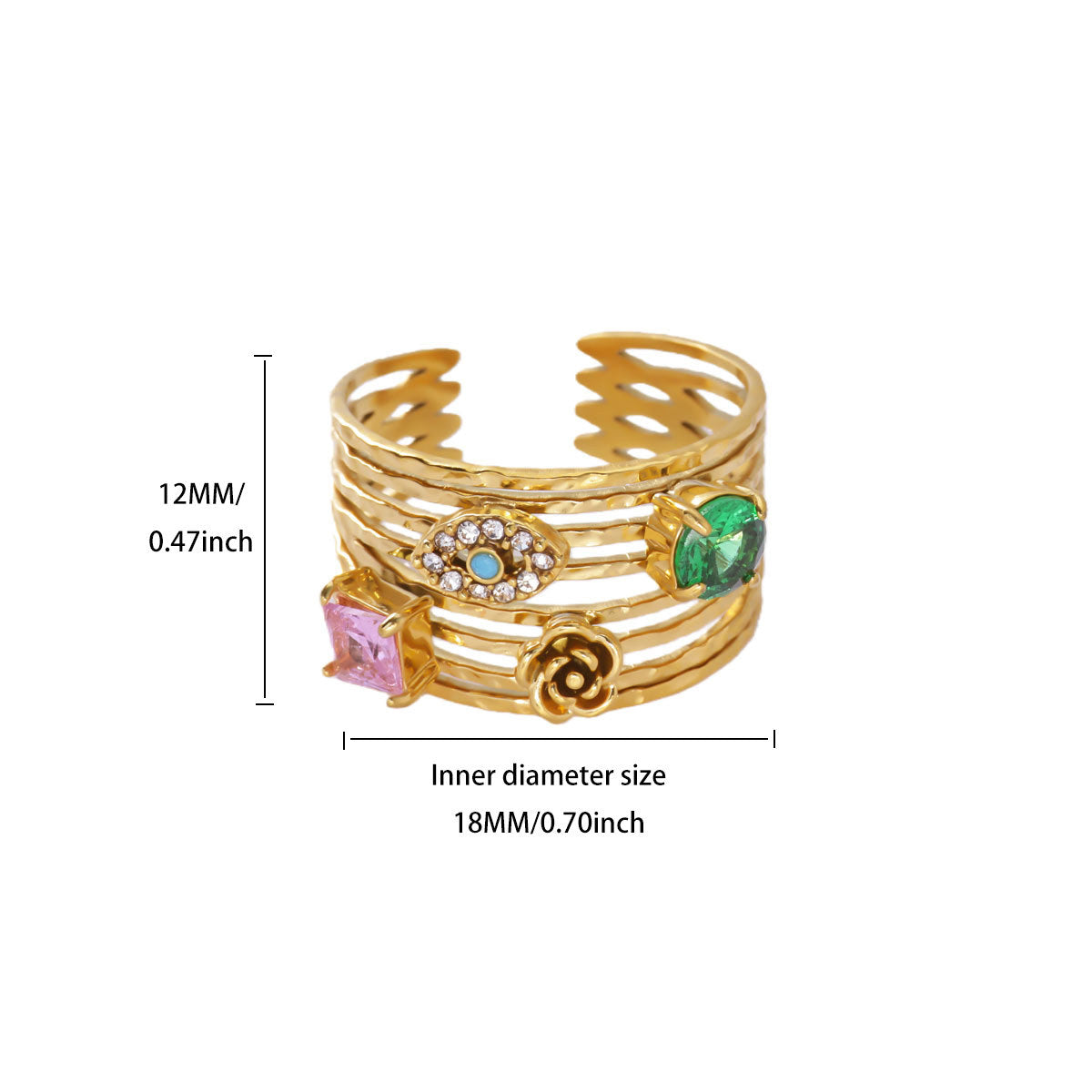 Wholesale Gold Plated Heart Shape Open Ring with Multicolor Zircon - Boutique Resale Jewelry Accessory