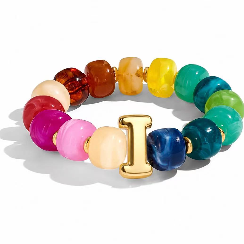 Wholesale 2026 Amazon Cross-Border Colorful Beaded 26 Letter Bracelet for Women,  Resin,  Fashionable and Unique,  High Elasticity Bracelet