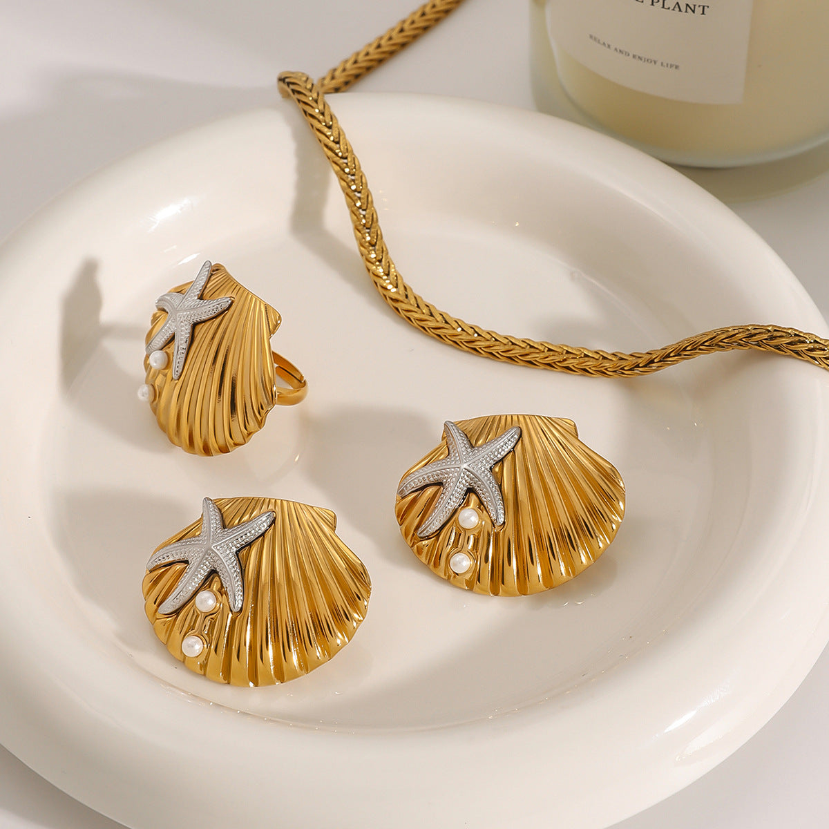 Wholesale  Stainless Steel Starfish Earrings Shell Ring