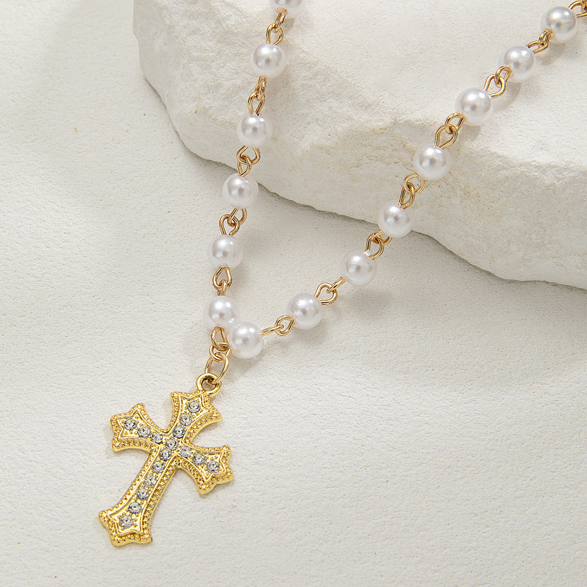Wholesale Alloy Cross Pearl Adjustable Women's Necklace