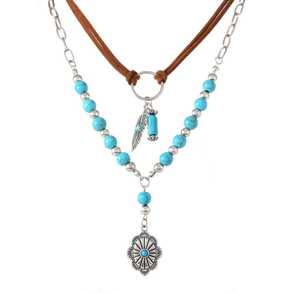 Wholesale  New Women' s Stacking Necklaces New Chinese Style Leaf Petal Turquoise Necklaces in Stock