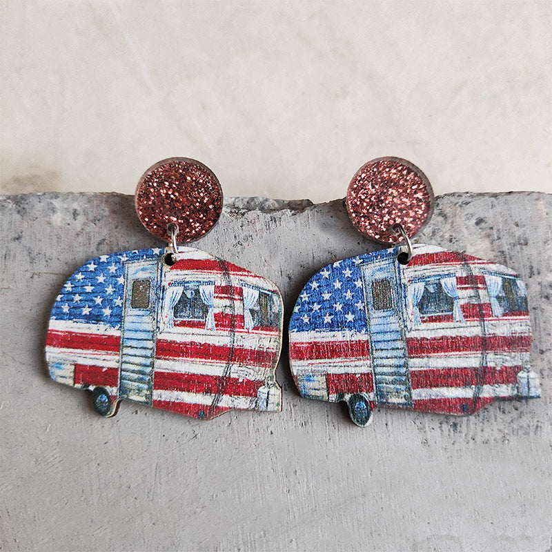 Wholesale 2 Pairs/pack American Independence Day Leopard Print Small Flower RV Camping Wooden Earrings ACC-ES-HY012