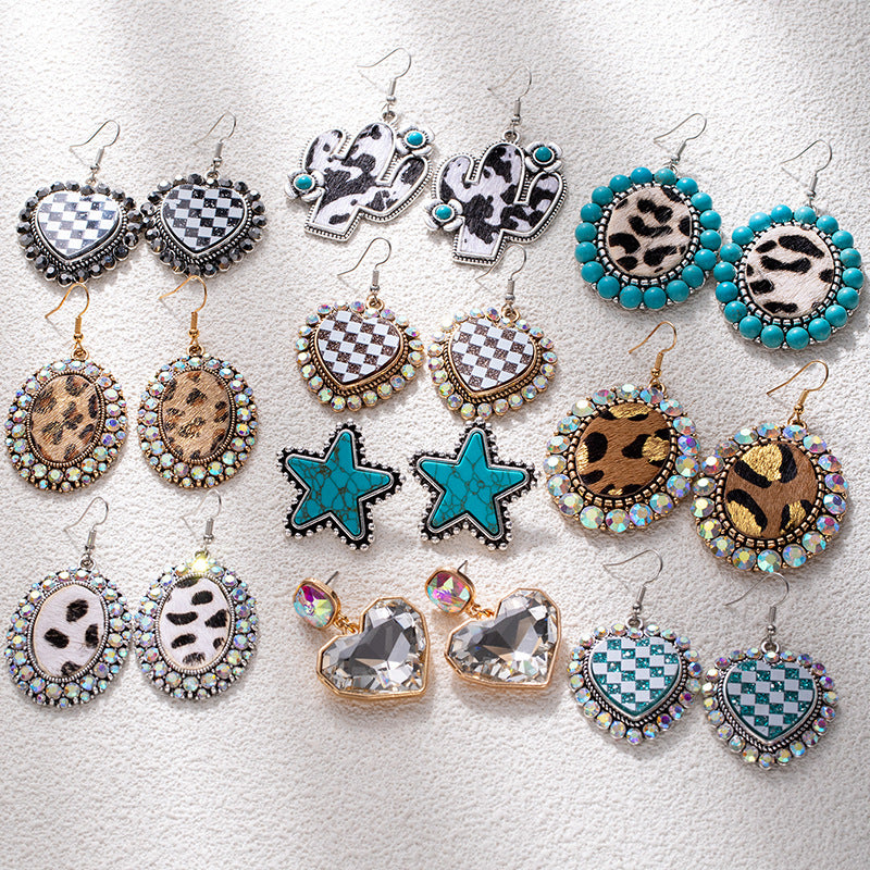 Wholesale Zinc Alloy Turquoise Inlaid Earrings Bohemian Leopard Print Fashion Jewelry for Women