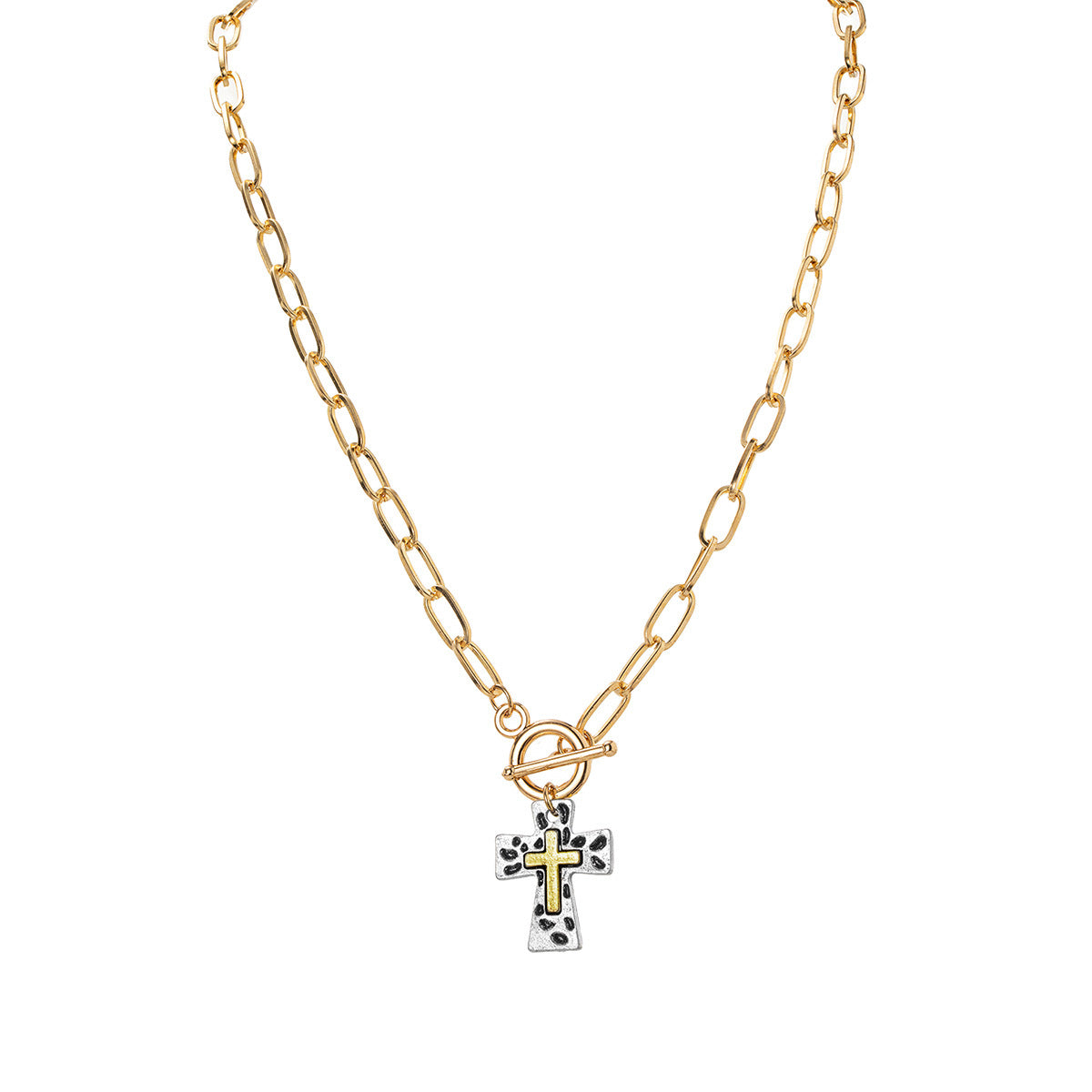 Wholesale  two-tone cross pendant paperclip chain necklace