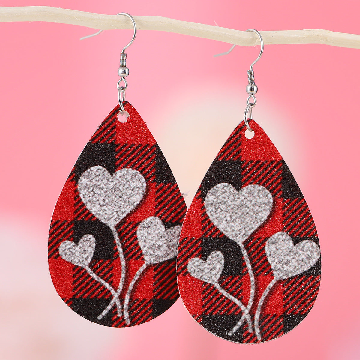 Wholesale Valentine's Day Plaid Love Water Drop Leather Double Sided Earrings