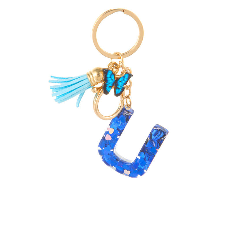 Wholesale Resin blue heart butterfly letter keychain