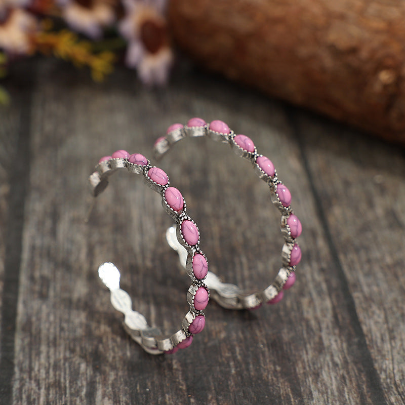 Wholesale Alloy C-Shape Bohemian Earrings Pink Turquoise Electroplated for Fashion Gift Boutique