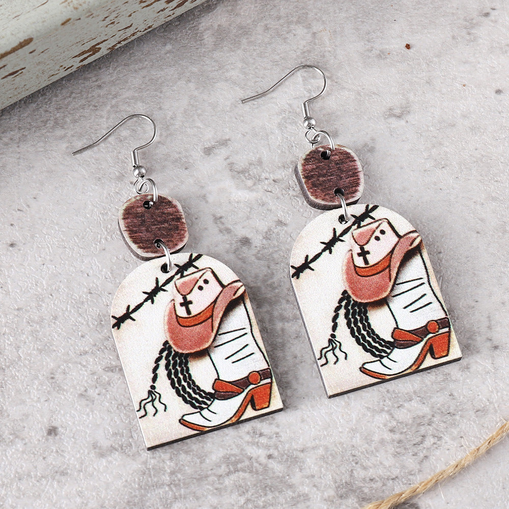 Wholesale Western cowboy hat cowboy boots cartoon girl distressed stitching pendant earrings