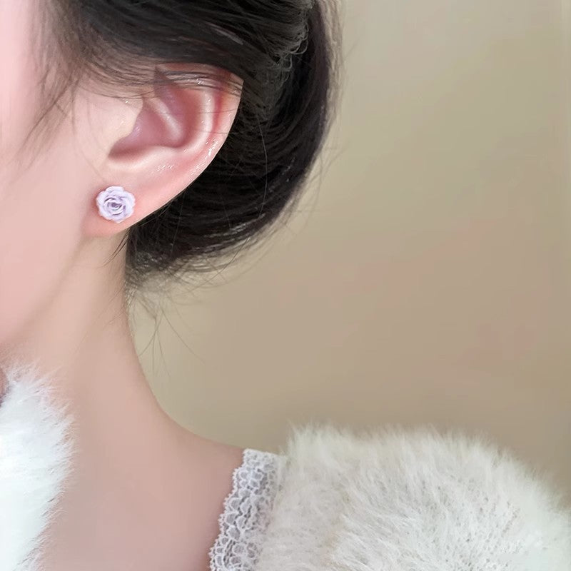 Wholesale Pink Rose Flower Silver Needle Earrings