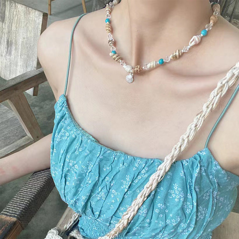 Wholesale  Beach Shell Necklace Marine Shell Rice Beads Adjustable Braided Clavicle Chain
