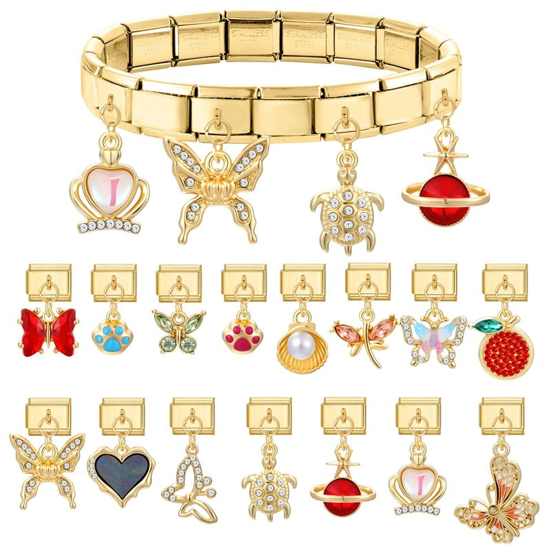Wholesale Italian Charm Bracelet 9mm DIY Splicing Gold Butterfly Pendant Stainless Steel Composable Bracelet