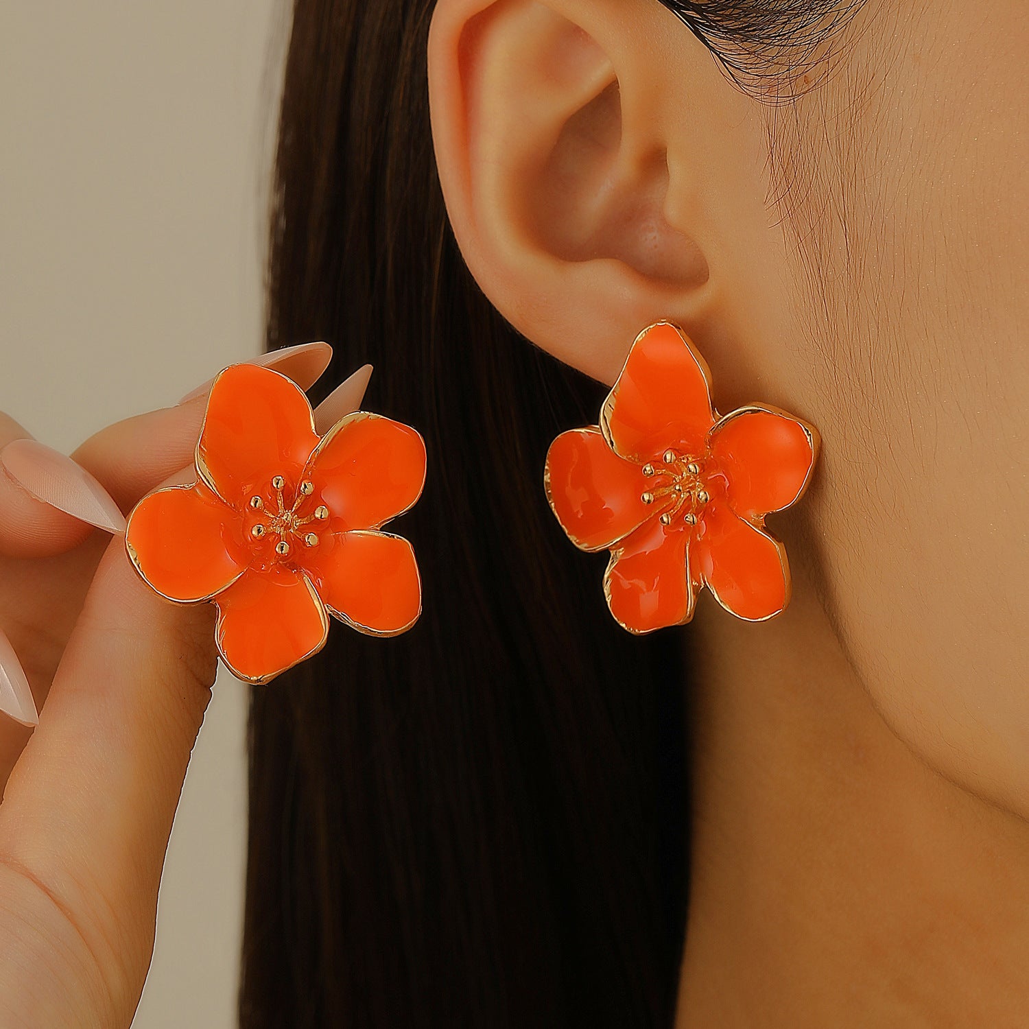 Wholesale Stylish Flower Earrings For Women Double Layer Petal Colorful Dripping Oil Zinc Alloy Everyday Jewelry Accessory