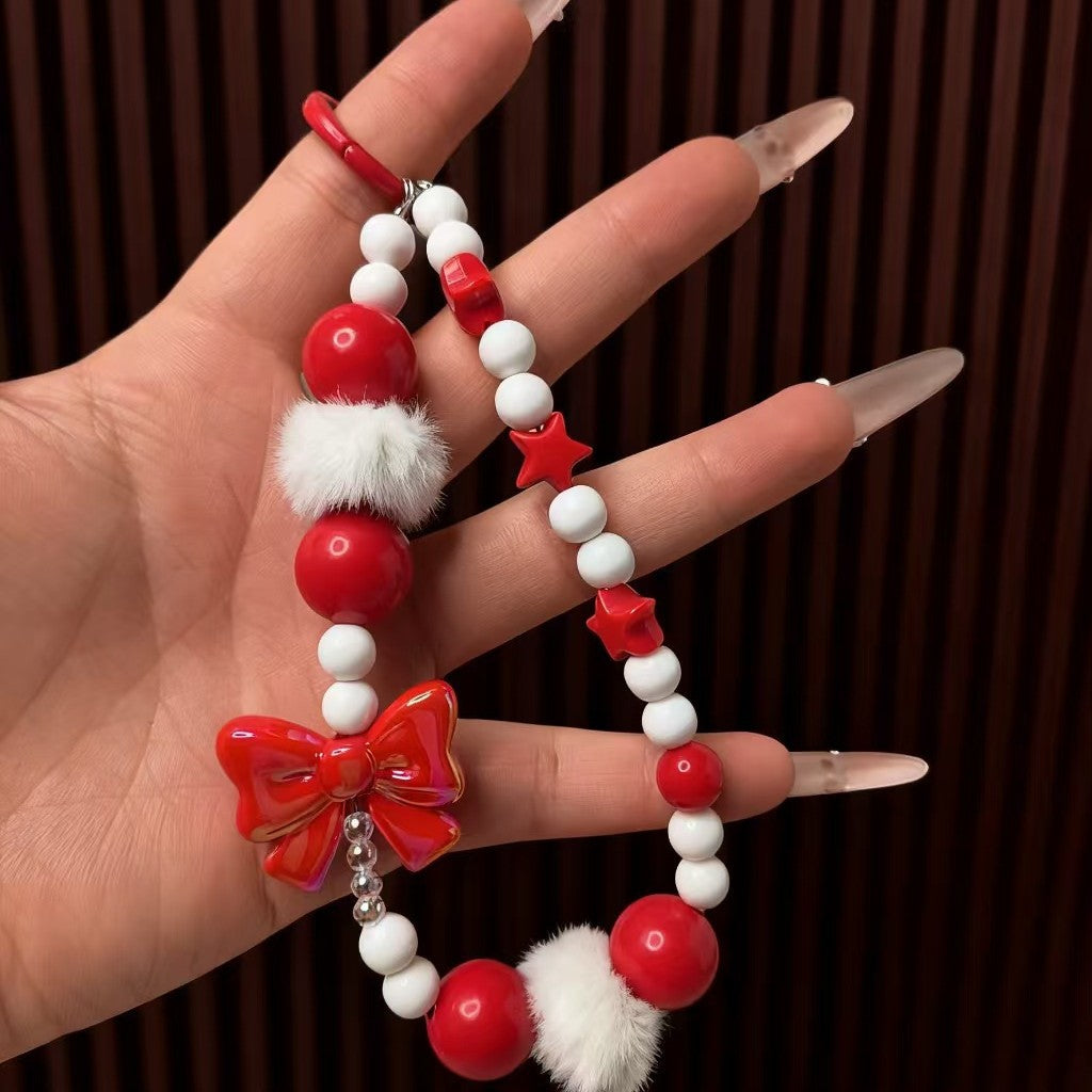 Wholesale Acrylic Christmas Red Bow Beaded Keychain,  Cute Bag Charm with Tassel,  Trendy Phone Accessory for Everyday Use