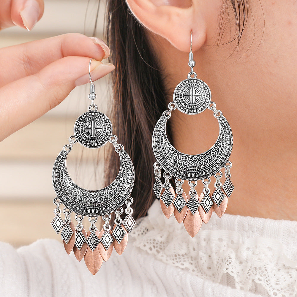 Wholesale Zinc Alloy Retro Ethnic Tassel Earrings with Geometric Pattern,  Fashion Accessory Gift