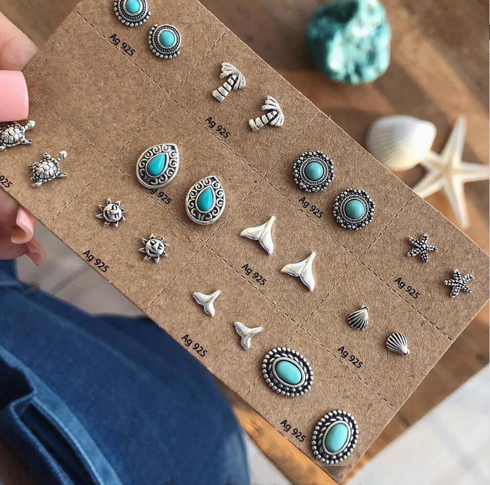 Wholesale Bohemian Turquoise Earrings Set 5 Pairs Jewelry Accessory Boutique Resale