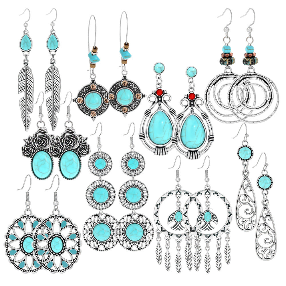Wholesale Turquoise Geometric Tassel Earrings Antique Silver Retro Fashion Accessory for Everyday Wear or Gift