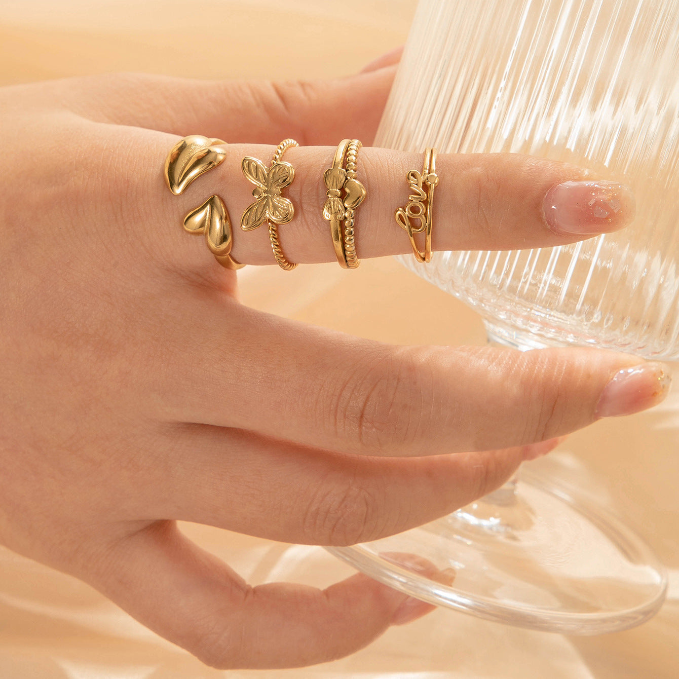 Wholesale Titanium Steel Love Heart-shaped Bow  Cute Sweet Opening Adjustable Ring