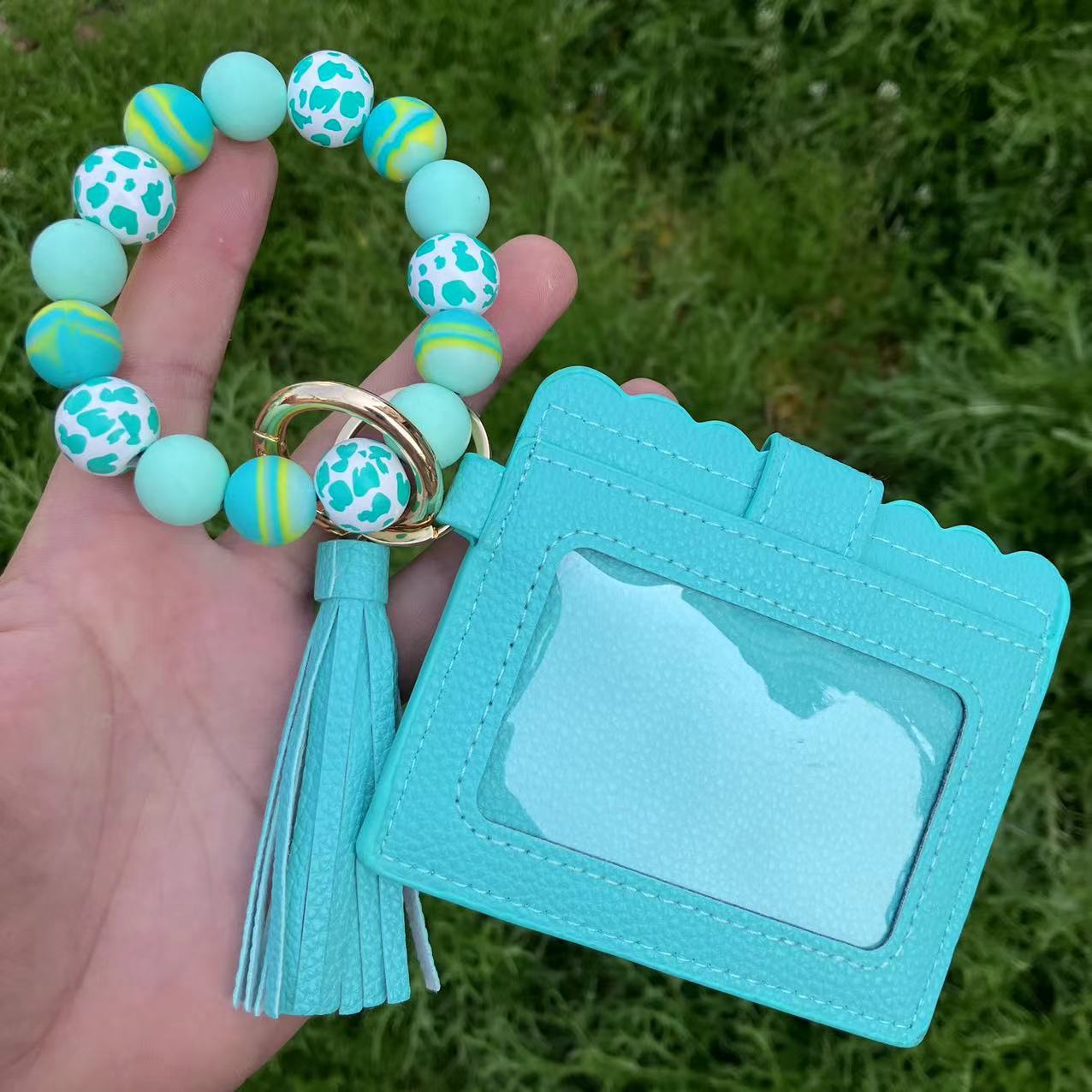 Wholesale European Retro Geometric Pattern Silicone Bead Wristlet Keychain Card Holder - Fashion Accessory for Women