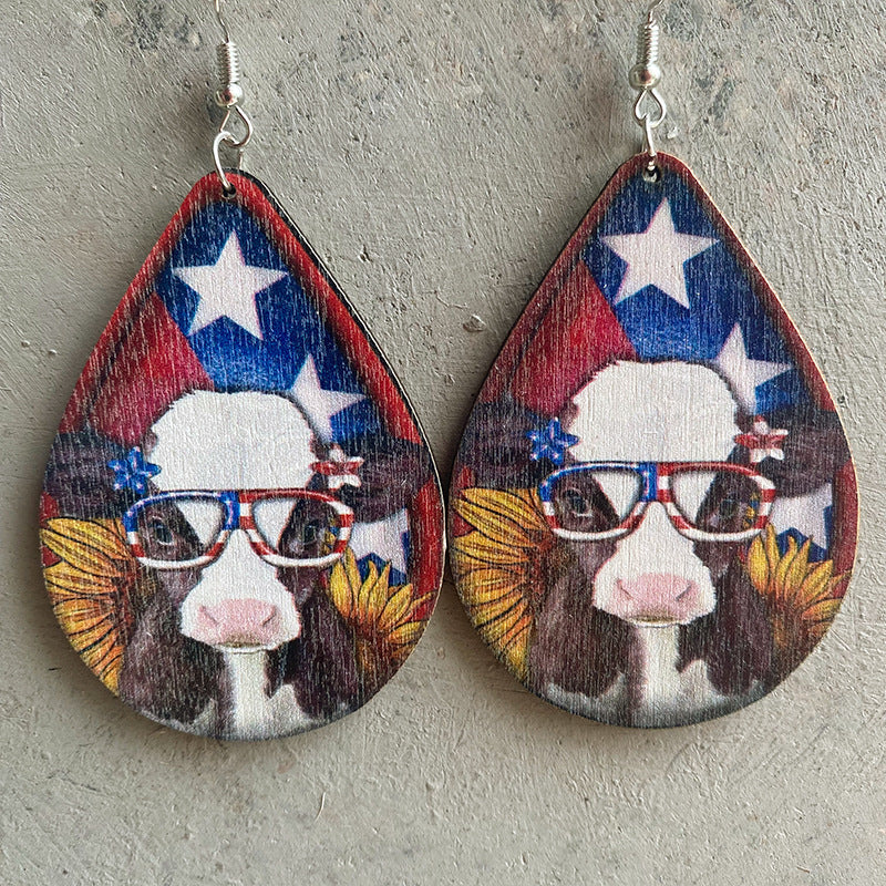 Wholesale 2 Pairs/pack American Independence Day Texas West Farm Cow Puppy Piggy Wooden Earrings Western style ACC-ES-HY048