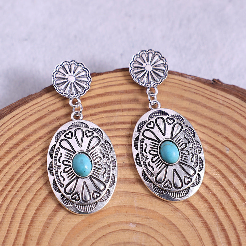 Wholesale Retro Bohemian Turquoise Alloy Carved Earrings Fashion Jewelry Accessory