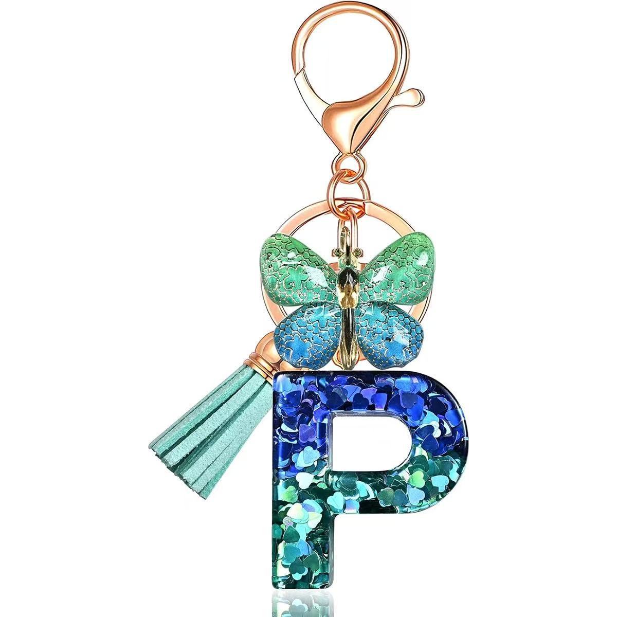 Wholesale Resin Alphabet Keychain With Butterfly Tassel Blue Gradient Vacation Style Fashion Accessory For Bags And Keys