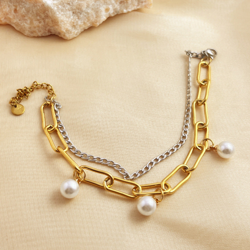 Wholesale Summer fashion pearl pendant thick chain multi-layer stainless steel bracelet