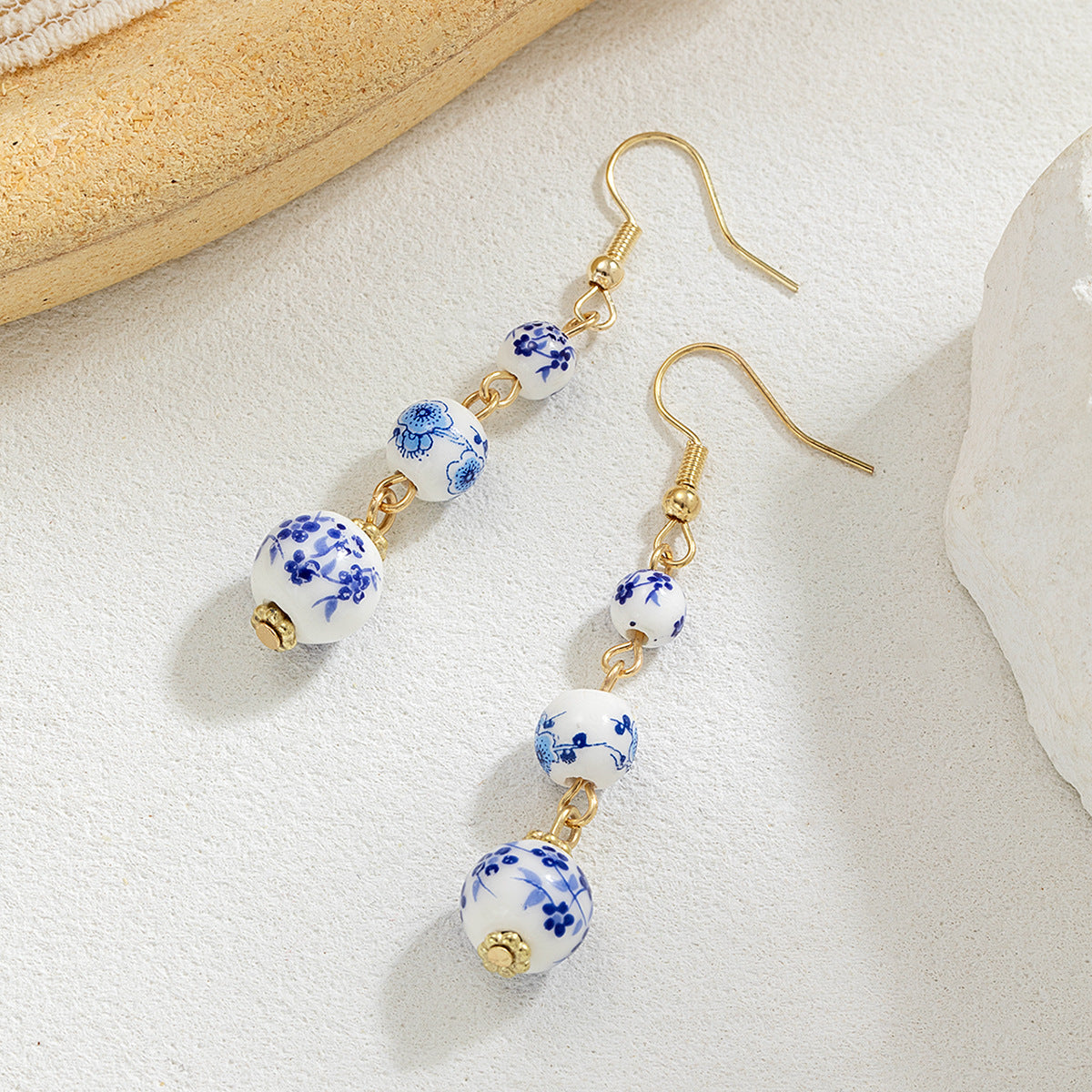 Wholesale Chinese Style Blue and White Porcelain Beads Long Earrings Fashion Jewelry Accessory for Women Boutique Resale Gift