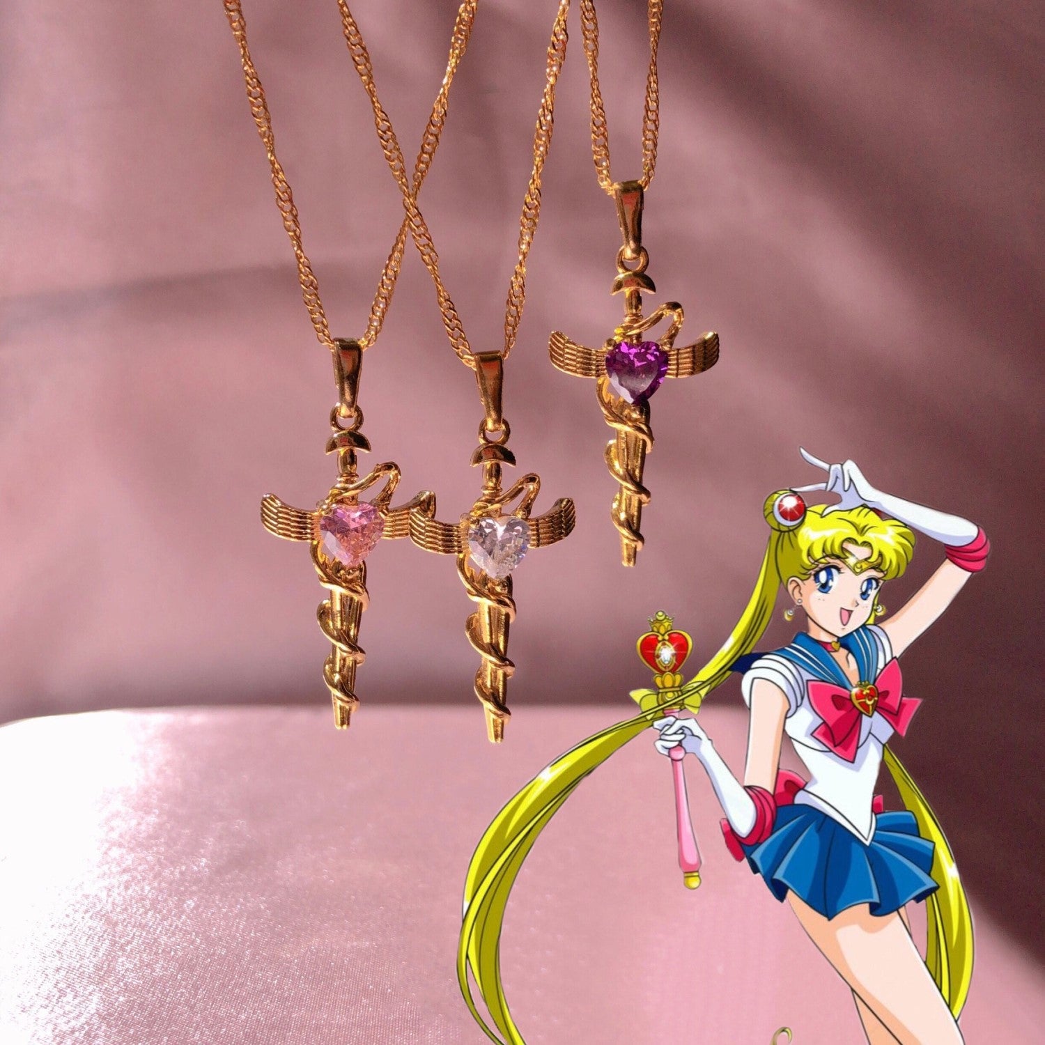 Wholesale 14k Gold Plated Cross Snake Heart Zircon Necklace