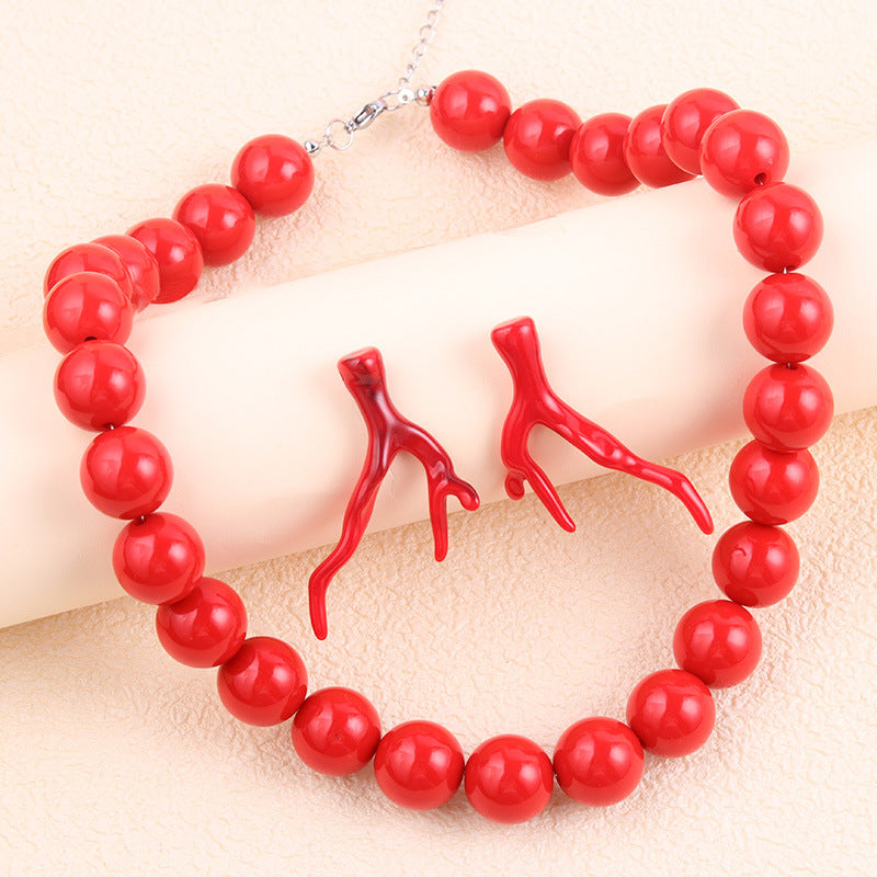 Wholesale  Tree Branch Acrylic Earrings Red Series Ball Bead Necklace Set