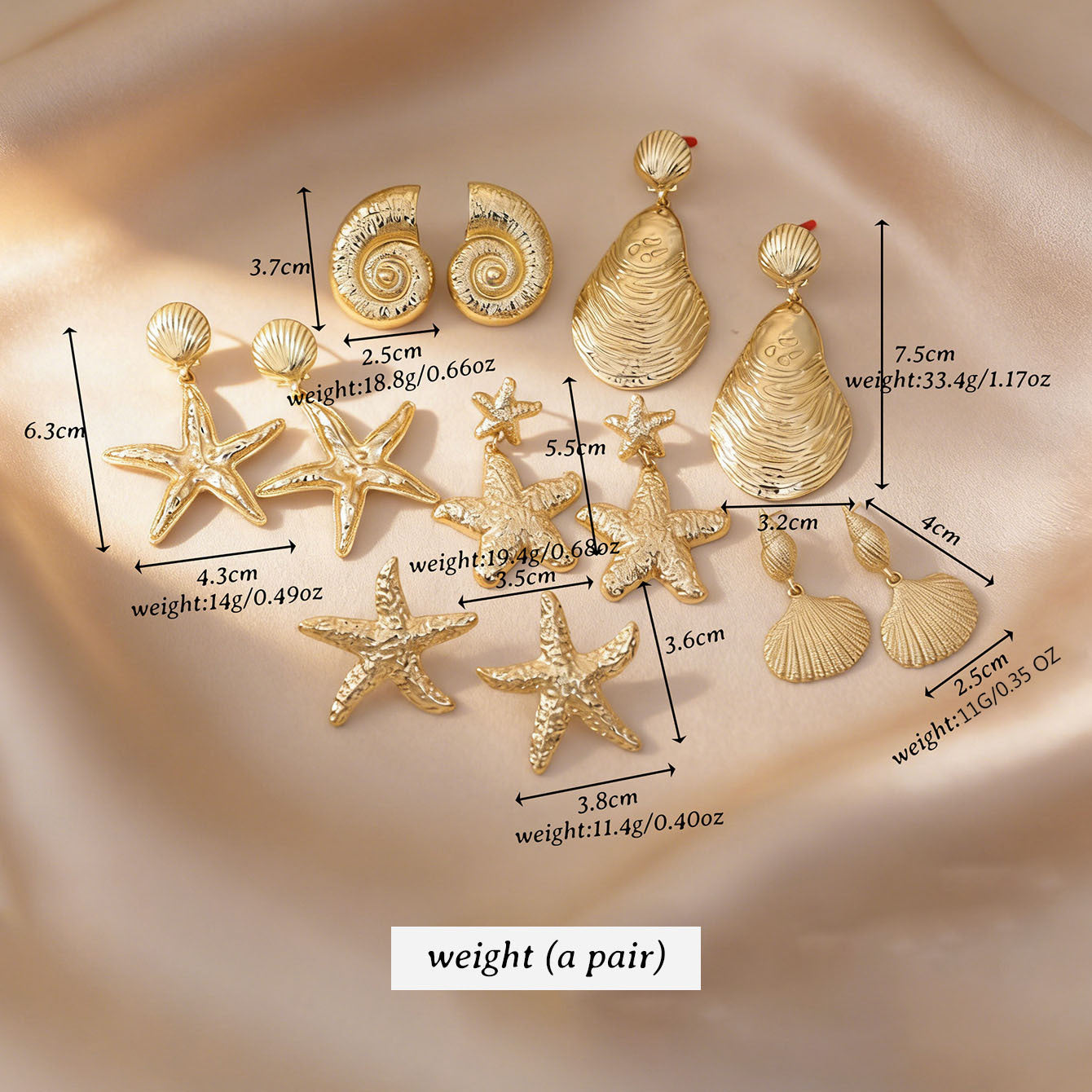 Wholesale Ocean-Inspired Textured Gold Conch and Starfish Stud Earrings