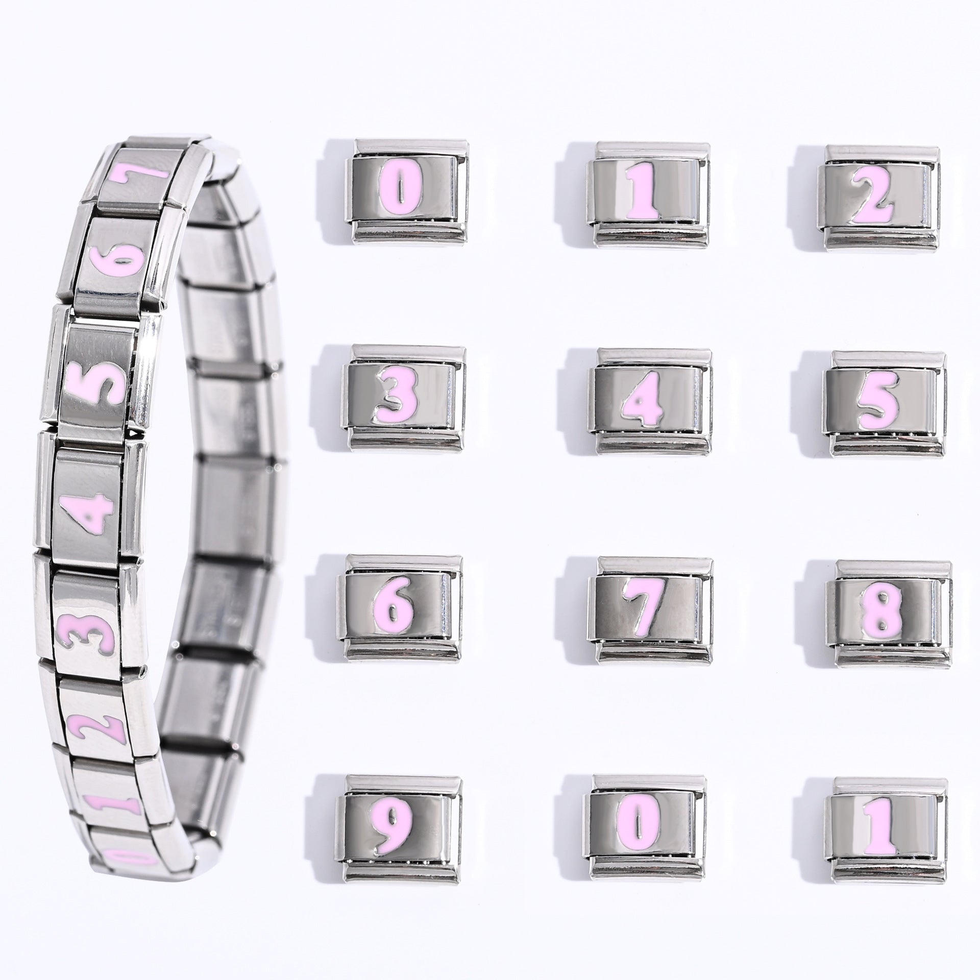 Wholesale DIY Stacking Number Charm Bracelet Set,  Stainless Steel Elastic,  Jewelry Accessory for Gift
