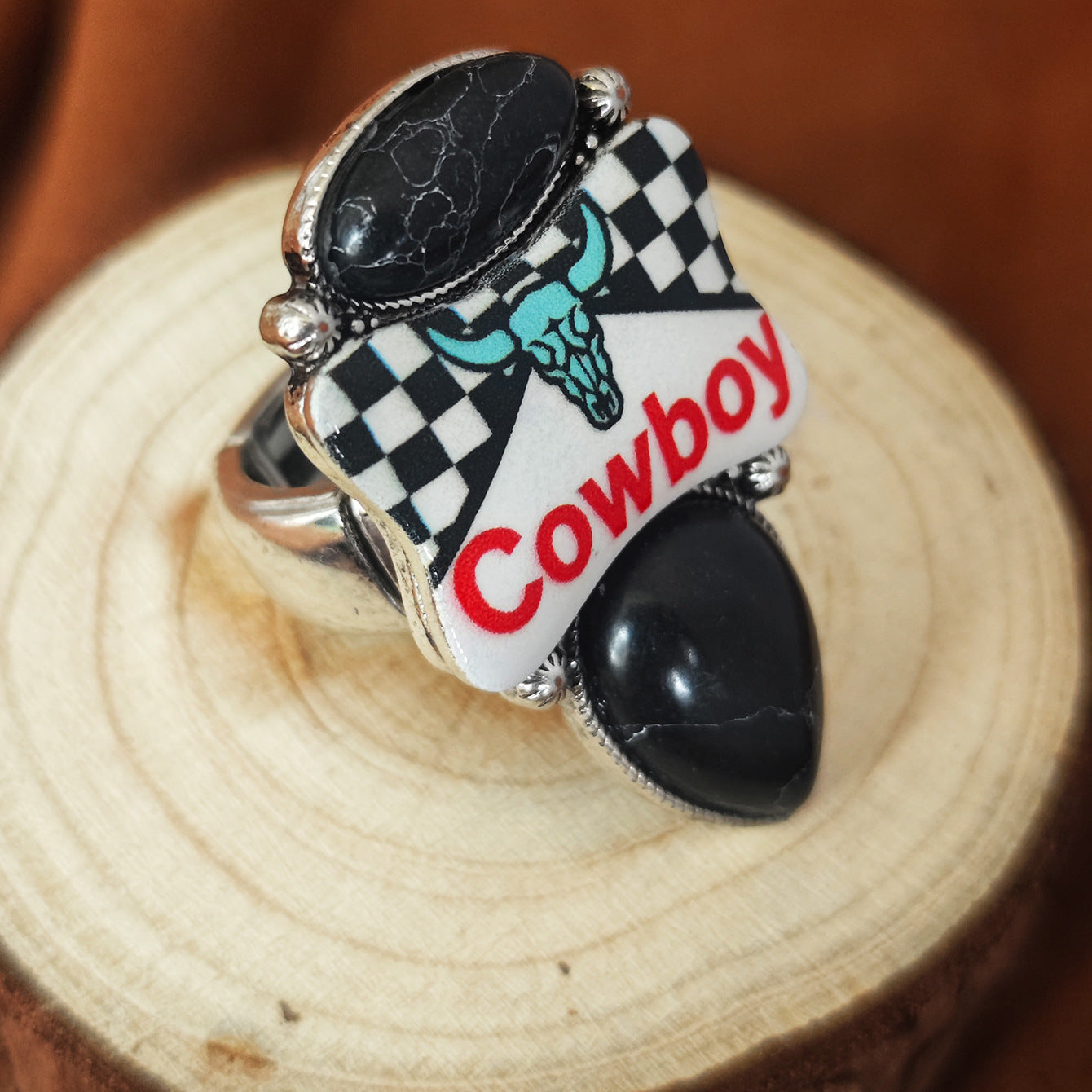 Wholesale Western Cowboy Bohemian Checkerboard Bull Head Jewelry Set Zinc Alloy With Turquoise Pendant Necklace Earrings Ring Trendy Gift