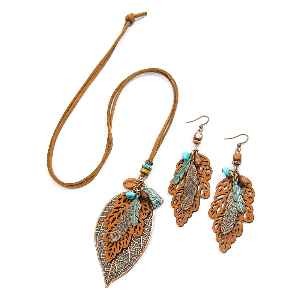 Wholesale European and American Cross-Border New Hot Selling Bohemian Style Retro Fashion Earrings Necklace Personalized Ethnic Style Leaf Earrings
