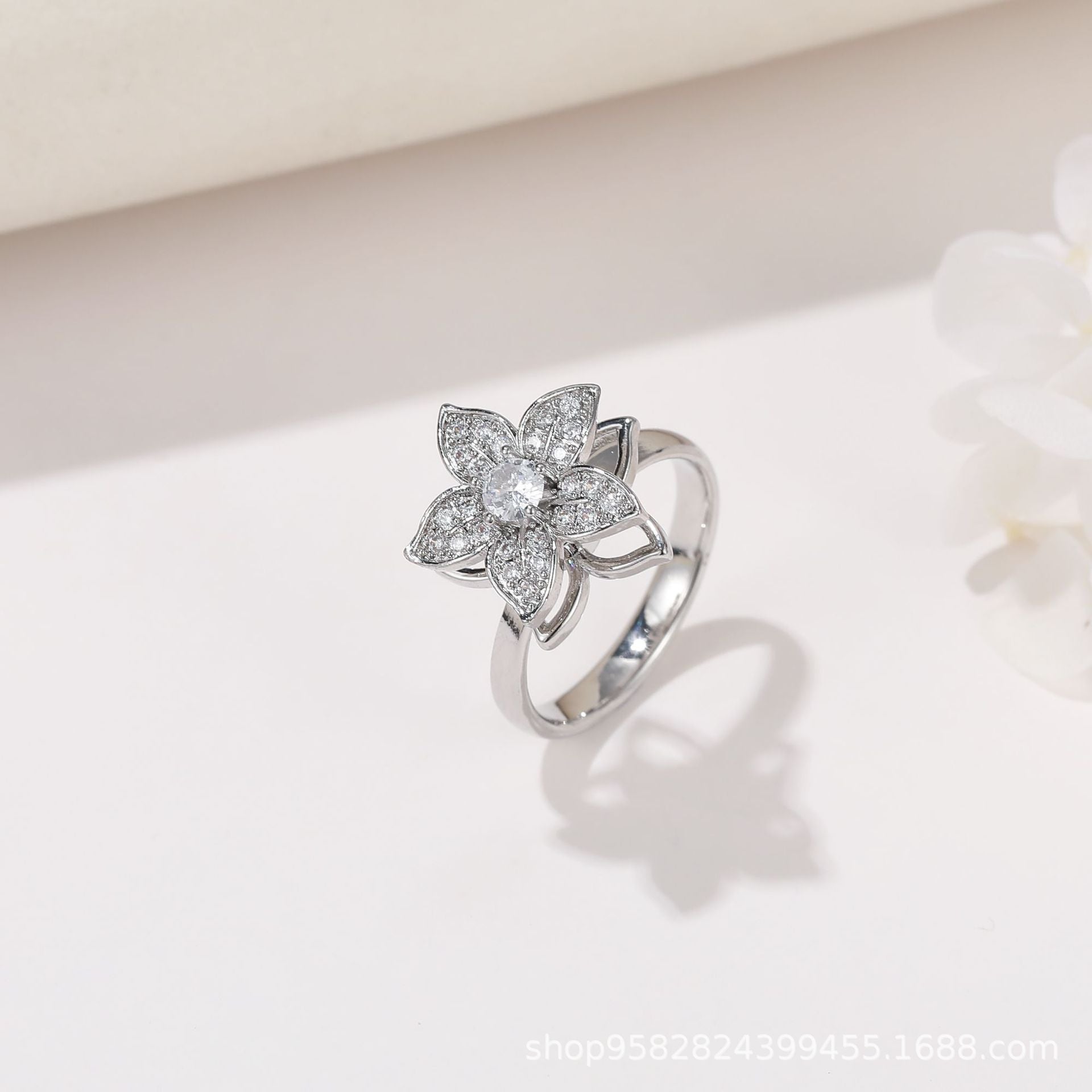 Wholesale 360° Rotating Double-Layer Flower Ring Gold Plated Zircon Fashion Accessory Boutique Gift