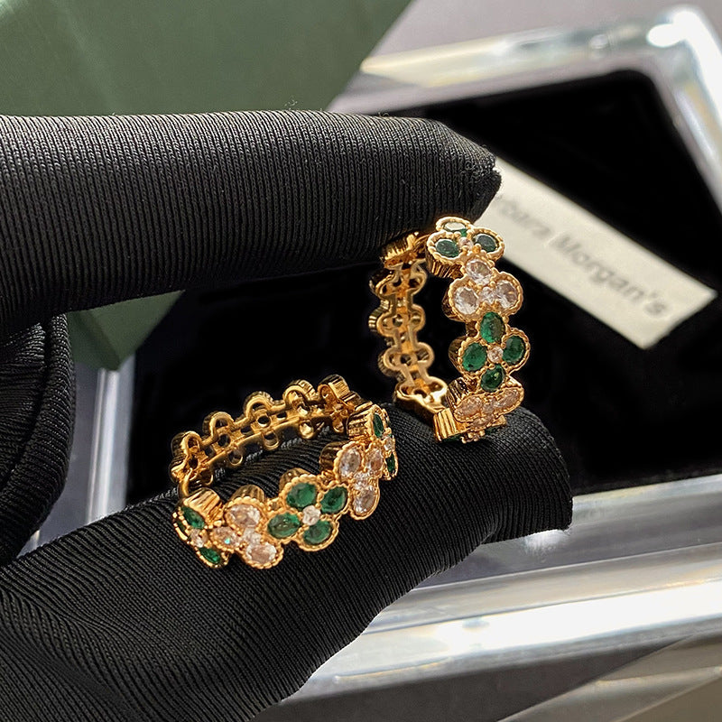 Wholesale Vintage Four-leaf Flower Green Zircon Earrings