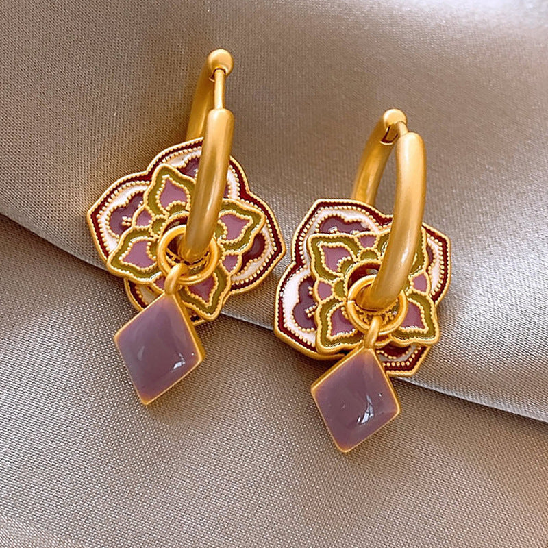 Wholesale Alloy Enamel Double Layer Flower Earrings French Palace Retro Pearl Design Fashion Accessory
