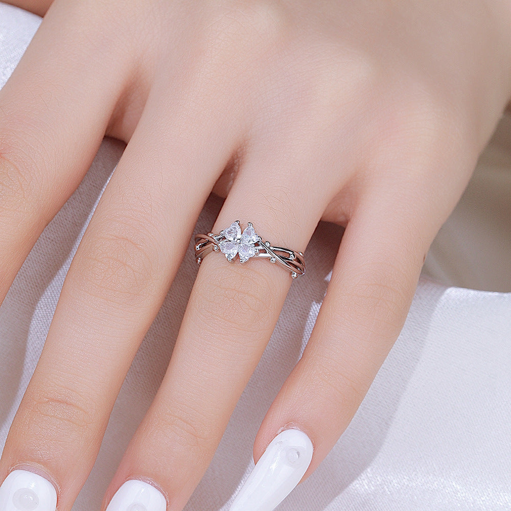 Wholesale Electroplated Copper Zircon Four Leaf Clover Ring Stylish Jewelry Accessory For Women Gift
