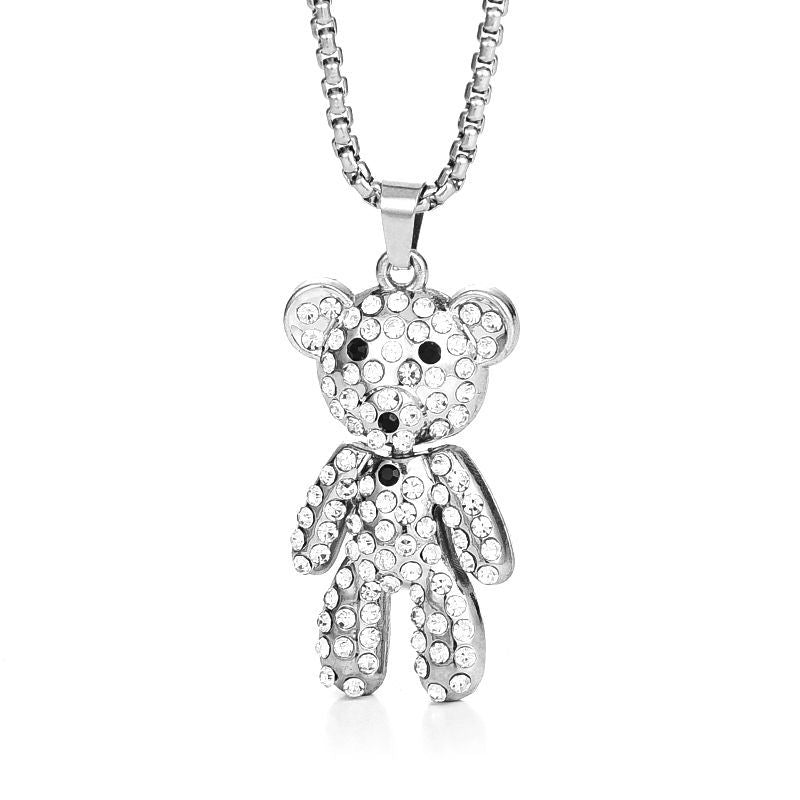Wholesale titanium steel cute diamond Bear hip hop long sweater chain necklaces