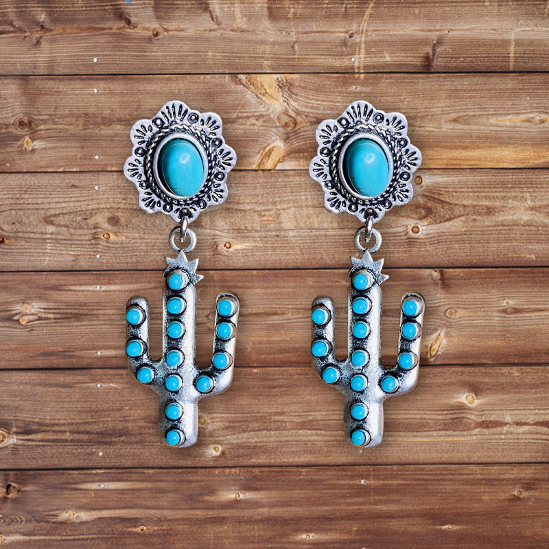 Wholesale Alloy Electroplated Retro Geometric Turquoise Earrings - Cactus Design Fashion Accessory