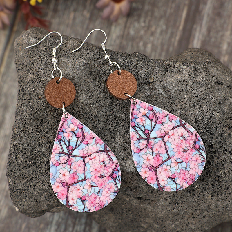 Wholesale Bohemian Drop-Shaped Printed Cherry Blossom Fresh Earrings