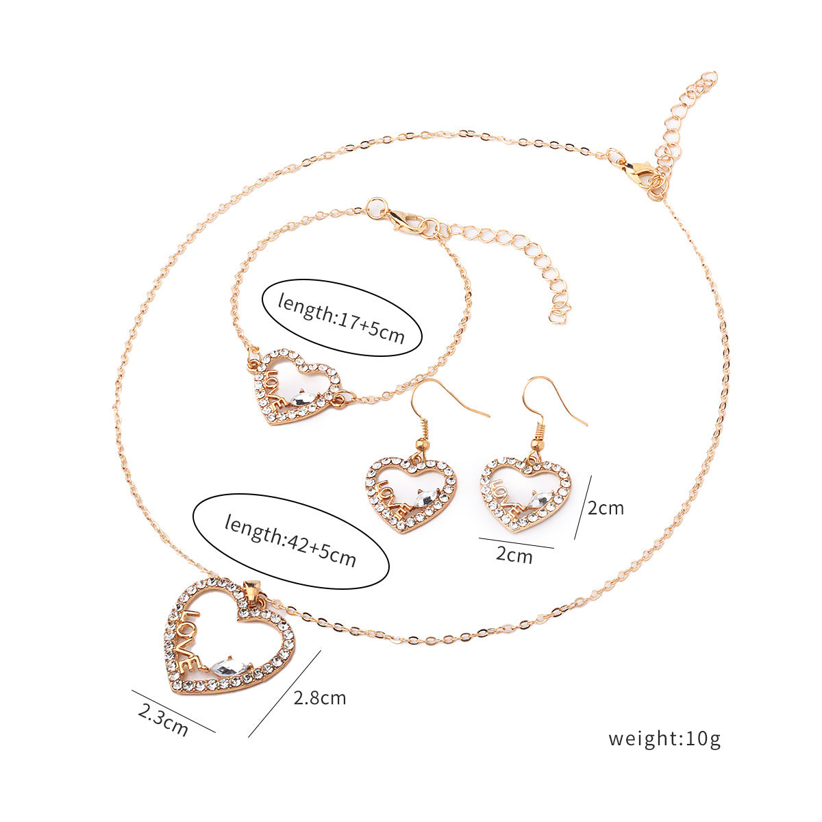 Wholesale  diamond letter LOVE heart necklace bracelet earrings  light luxury versatile jewelry set