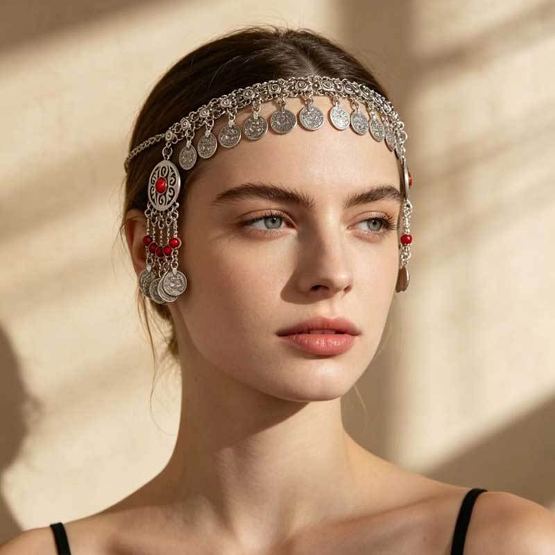 Wholesale Chic Exotic Rhinestone Coin Tassel Hair Chain Retro Geometric Head Chain Fashion Accessory