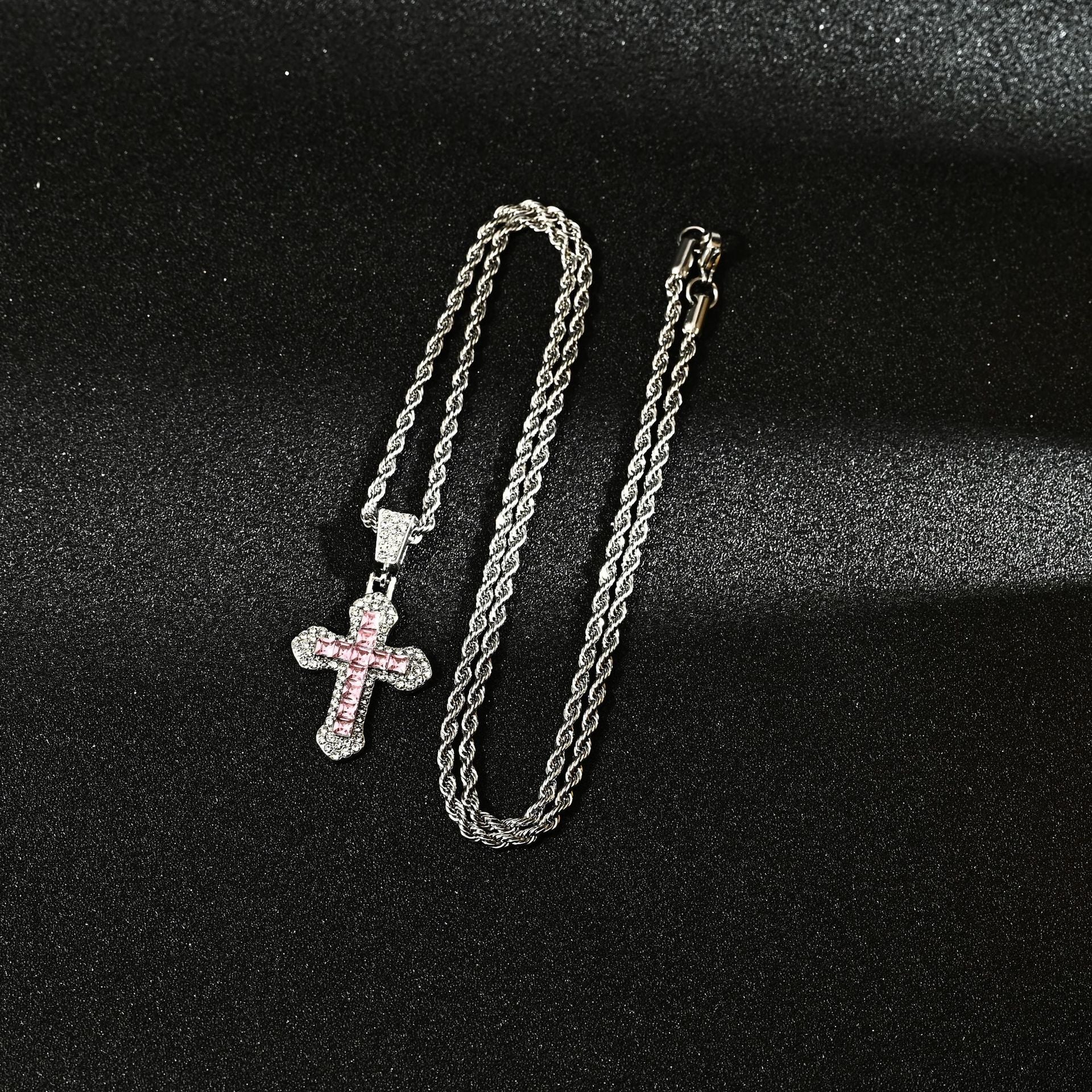 Wholesale Titanium Steel Hip Hop Cross Pendant Necklace Zircon Studded Sweater Chain For Everyday Wear