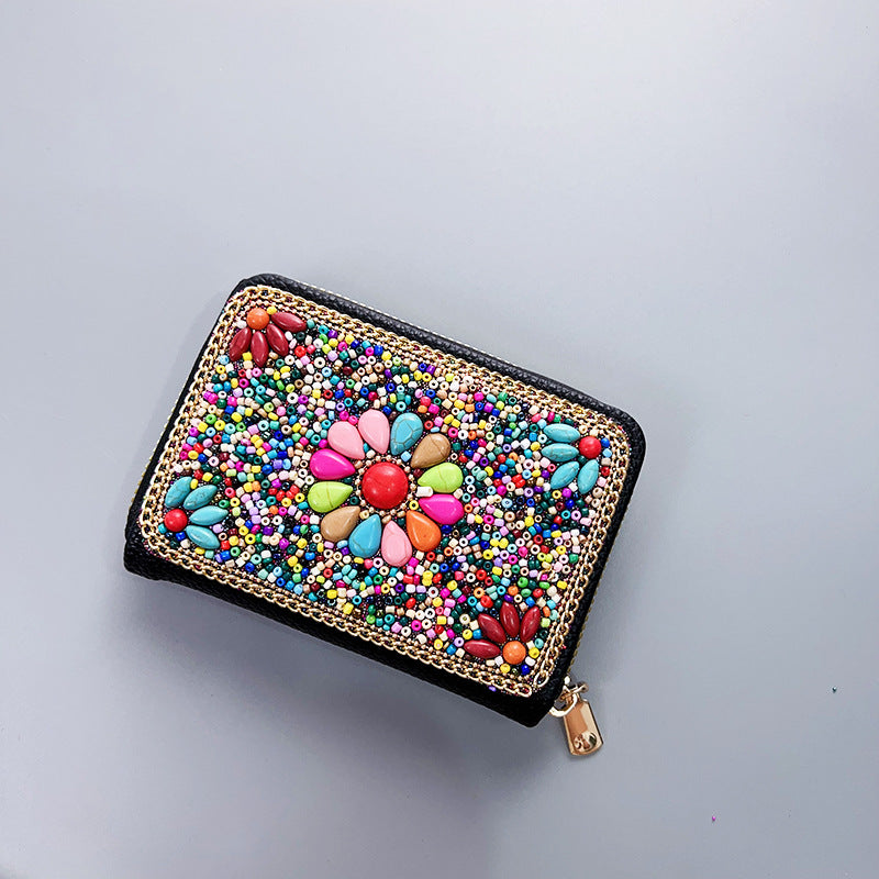 Wholesale Ethnic Retro Accordion Card Holder Handmade Rice Bead Bag Wallet ACC-WT-Mengs002