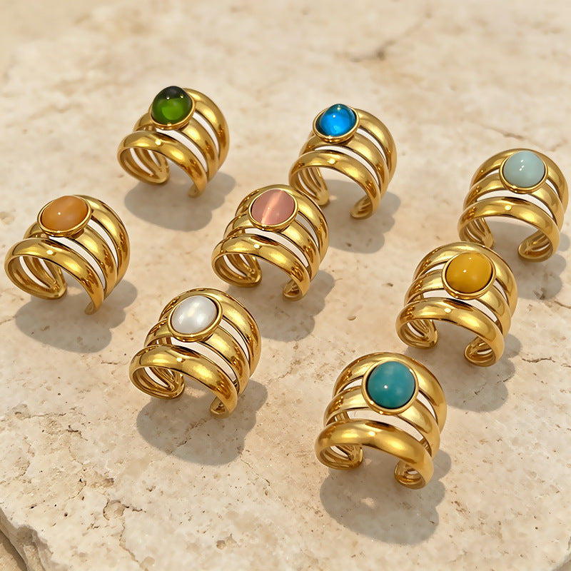 Wholesale Stainless Steel Open Ring Blue Green Gradient Natural Stone Jewelry Accessory