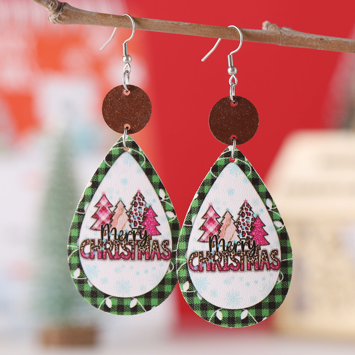 Wholesale Christmas Leopard Plaid Water Drop ing Pendant Earrings