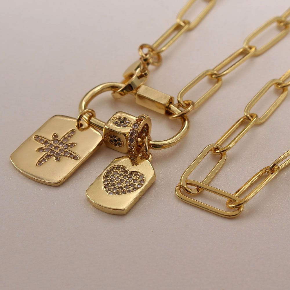 Wholesale Thick Copper Electroplated Zircon Love Rectangular Pendant Necklace